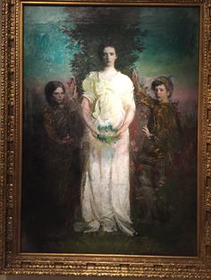 an oil painting of three people standing next to each other