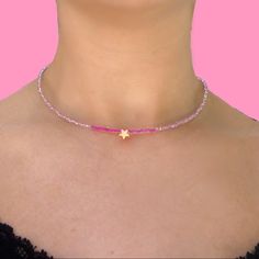 Handmade With Love!! Pink Choker-Style Necklace With Gold Star. A Portion Of The Proceeds Will Be Donated!! #Donate #Handmade #Necklace Trendy Pink Jewelry With Star Charm, Trendy Pink Star-shaped Jewelry, Dainty Pink Beaded Necklaces For Gifts, Dainty Pink Beaded Necklace For Gift, Pink Star-shaped Jewelry For Party, Pink Star Charm Jewelry For Gift, Pink Star Charm Jewelry, Handmade Pink Charm Necklaces, Handmade Adjustable Pink Charm Necklaces