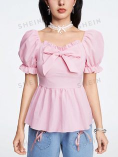 ROMWE Kawaii Women's Sweet And Lovely Doll Collar Shirt With Bow Decoration And Puff Sleeves, Summer, School Collar Shirts, Puff Sleeve, Blouses For Women, Collar, Dolls