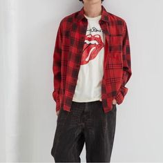 Size: Large New Without Tags Unisex Flannel Trendy Red Tops With Pockets, Trendy Red Top With Pockets, Black Relaxed Fit Flannel Top, Flannel Shirt For Streetwear In Fall, Edgy Streetwear Shirt For Fall, Black Casual Flannel Shirt For Streetwear, Black Flannel Tops With Pockets, Casual Red Shirt With Pockets, Edgy Fall Streetwear Shirt