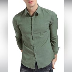 Men's Slim Fit Button-Down Long Sleeve Shirt Condition: New With Tags And In Original Packaging Features: Long Sleeves, Full Collar, And Button Down Closure Color: Grass Green Material: 85% Polyester, 12% Viscose, And 3% Spandex I# 09/562639/11 Green Slim Fit Button-up Shirt, Green Business Shirt With Button Closure, Green Casual Button-up Dress Shirt, Casual Green Button-up Dress Shirt, Green Collared Shirt For Business Casual, Green Button-up Business Top, Green Casual Top For Semi-formal Occasions, Semi-formal Green Button-up Shirt, Semi-formal Green Button-up Top