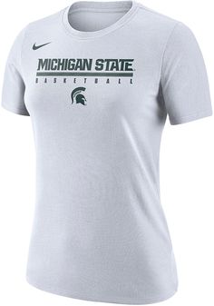 Let everyone know who you root for in this Michigan State Spartans White Basketball Practice Legend Short Sleeve T-Shirt! This MSU Short Sleeve Tee features a screen print basketball team graphic on center chest. Go Spartans! Crew neckline, Short sleeve tee, Screen print team graphics across center chest, 100% Polyester Affordable Sports T-shirt With Logo, Nike T-shirt With Screen Print For Sports Events, Nike Team Spirit T-shirt With Logo Print, Nike T-shirt With Team Spirit Logo Print, Nike Collegiate Graphic T-shirt, Nike Jersey T-shirt For Sports Events, Nike Graphic Tee With Team Logo, Nike Collegiate Graphic Print T-shirt, Nike T-shirt With Text Print For Sports