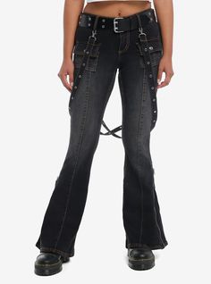 Denim is always in style! Step outside in these edgy  flare pants! They feature zipper detailing on the calf sides and come with removable grommet suspender straps. Complete with front and back pockets  plus a faux leather grommet belt.Please note: Style is fitted with no stretch; size up for a looser fit.73% cotton; 25% polyester; 2% spandexWash cold; dry lowRise: 11''Inseam: 33''ImportedListed in junior sizesModel is 5'9''Model wears size 3 Punk Style Fitted Wide Leg Jeans, Punk Denim Pants For Concerts, Punk Style Denim Pants For Concert, Edgy High Rise Pants With Zipper Closure, Edgy High Waist Bottoms With Zipper Closure, Edgy Mid-rise Bottoms With Zipper Closure, Edgy High Waist Jeans With Zipper Closure, Edgy High-waist Bottoms With Zipper Closure, Edgy High-waist Jeans With Zipper Closure