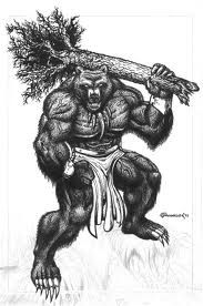 a black and white drawing of a gorilla holding a tree branch on his back with one arm