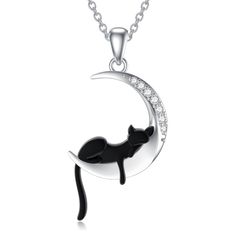 PRICES MAY VARY. 💎【Diamond Cat and Moon Necklace】this pendant necklace featuring a cat sleeping on a crescent moon makes a lovely companion wherever your dreams may take you. the cute black cat and moon pendant with sparkling diamonds makes you more attractive, LWXIE diamond moon and cat necklace is an ideal gift for women and girls. 💎【Lab Grown Diamonds】our 0.089 cttw diamond moon black cat necklace uses lab grown diamonds which have the same visual and chemical components, making them identi Black Cat Necklace, Diamond Cat, Moon Black, Unicorn Necklace, Diamonds Jewelry, Moon Pendant Necklace, Black Pendant, Cat Sleeping, Cat Necklace