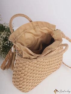 BirdinBag - Straw Bag with Drawstring and Tassel Decoration Summer Beige Bags With Tassels, Tasseled Straw Shoulder Bag, Beige Bucket Bag With Tassels For Daily Use, Beige Tassel Bucket Bag For Daily Use, Beige Rectangular Bag With Fringe, Rectangular Beige Bag With Fringe, Beige Rectangular Fringe Bag, Summer Rectangular Bags With Tassels, Beige Straw Bag With Tassels For Travel