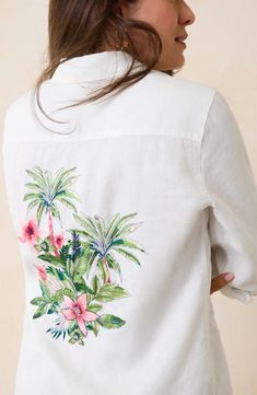 Crisp linen lets you keep your cool on a hot day in this long-sleeve button-up shirt embroidered with colorful tropical flora at the chest and back. Front button closure Spread collar Long sleeves with one-button cuffs 100% linen Machine wash, tumble dry Imported Embroidered Vacation Tops With Camp Collar, Summer Floral Embroidered Top With Spread Collar, Summer Top With Floral Embroidery And Spread Collar, Embroidered Camp Collar Top For Beach, Embroidered Camp Collar Shirt For Summer, Summer Embroidered Top With Camp Collar, Summer Embroidered Shirt With Spread Collar, Embroidered Summer Shirt With Spread Collar, Spring Embroidered Linen Shirt