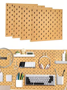 the pegboard has several different types of items on it, including a keyboard and headphones