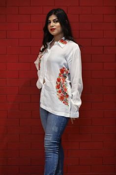 A stunningly marvellous Top. This Shirt Top features Multi-Colour Kashmiri Aari embroidery on Collar and shirt Pocket.- - - - - - - - - - - - - - - - - - - - Product Details- Condition: Brand New (made to order)- Brand: Glancia by Angad Creations- Style: Shirt Top- Fabric: Monga Cotton- Base Colour: White- Embroidery: Kashmiri Thread Embroidery- Embroidery Colour: Multi-Color- Standard Length: 27" (69 cm) approx. | Can be Customized - Care Instructions: Dry Clean Only**If you want the top to be Embroidery On Collar, Women Tunic, Hippie Top, White Cotton Shirt, Pashmina Wrap, Embroidered Shirts, Hippie Tops, Aari Embroidery, Shirt Pocket