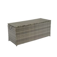 an outdoor wicker storage box with lid in grey and brown color, sitting on a white background