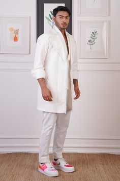 White overlay in linen base with fringe embellished border. Paired with shirt and pant. - Aza Fashions Traditional Linen Workwear Sets, Traditional Linen Sets For Workwear, White Linen Fitted Kurta, White Fitted Linen Kurta, Fitted Linen Kurta For Spring, Spring Linen Fitted Kurta, Fitted Cotton Kurta With Set-in Sleeves, White Overlay, Rolled Up Sleeves