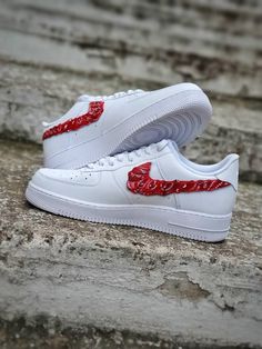 Custom Nike AF1 Kicks The "Bandana Swoosh" Sneakers -OUR WORK All of my artworks are handpainted and unique! This is the reason why i prefer to paint everytime different designs. The shoes are ordered in to be painted according to your custom requirements. The photos in this listing are an example so as to understand the quality and the details that my artworks have. They are totally hand painted using special Angelus acrylic colours and special LK finisher, one of the best in the market Price includes 100% full brand new original sneakers of your choise (Nike, adidas, Vans, Converse etc.) -SHIPPING 2-3 days in Greece 1-2 weeks in EUrope 2-3 weeks in US & Other countries -YOUR ORDER * Please contact me before your order as some shoe models may be out of stock so we can discuss for a simila Painted Af1, Af1 Nike, Custom Bandana, Jordan Fits, Nike Custom, Alternative Shoes, Custom Kicks, Acrylic Colours, Custom Nike