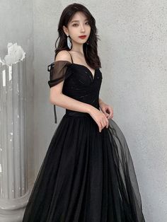 Black Gown For Banquet During Prom Season, Black Fitted Bodice Dress For Prom, Black Dresses With Fitted Bodice For Prom Season, Black Dress With Fitted Bodice For Prom, Black V-neck Gown For Banquet, Black A-line Gown For Formal Occasions, Black Floor-length Dress For Banquet, Black Dresses For Banquet And Prom Season, Black Dress For Banquet During Prom Season