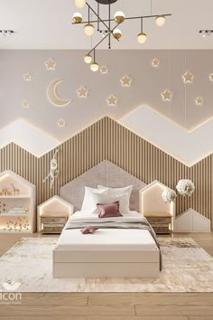 this is a modern bedroom with white and gold decor