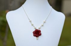 Deep Red Rose and Pearls Centered Necklace Red Garnet by Diaszabo Red Flower Pendant Jewelry With Rose Design, Red Rose Design Flower Pendant Jewelry, Luxury Red Rose Design Flower Pendant Jewelry, Red Flower-shaped Necklace With Rose Design, Red Flower Necklace With Rose Design, Red Rose Design Jewelry For Wedding, Red Rose Design Wedding Jewelry, Red Floral Rose Design Necklace, Red Rose Design Flower Necklace