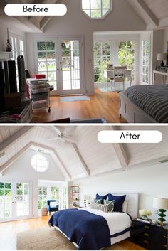 before and after photos of a bedroom with white walls, wood flooring and vaulted ceiling