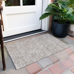 a potted plant sitting next to a door on the side of a house floor