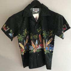 This Nice Black Shirt Is Very Beachy. Casual Black T-shirt With Buttons, Black Buttoned T-shirt For Summer, Black Casual T-shirt With Buttons, Black Buttoned Casual T-shirt, Black Hawaiian Printed T-shirt, Black Fitted Top With Camp Collar, Fitted Short Sleeve Black Shirt With Buttons, Black Button-up Hawaiian Shirt For Beach, Black Hawaiian Shirt With Button Closure For Summer