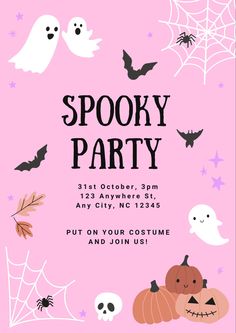 a halloween party flyer with pumpkins, bats and ghost faces on it's pink background