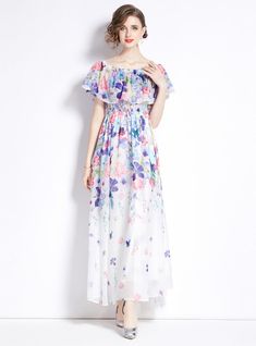 Envision a serene walk through a flourishing garden with this ethereal floral maxi dress. Its whisper-soft chiffon fabric floats around the body, featuring a symphony of pastel florals that bloom against an immaculate white backdrop. The dress offers an off-shoulder neckline draped with a delicate ruffle, adding a romantic flair that’s reminiscent of the first blush of spring. An elasticized waist cinches gently, providing comfort and definition, while the full, flowing skirt glides gracefully t Bohemian Chiffon Floral Dress For Garden Party, Spring Floral Print Maxi Dress With Flowy Skirt, Spring Floral Print Chiffon Maxi Dress, Spring Summer Chiffon Dress For Garden Party, Summer Chiffon Dress For Spring Garden Party, Spring Floor-length Chiffon Dress, Multicolor Chiffon Maxi Dress For Garden Party, Spring Floral Floor-length Beach Dress, Spring Chiffon Feminine Maxi Dress