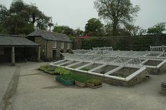 rows of white chairs sitting in the middle of a courtyard