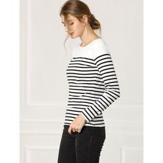 This contrast stripe T-shirt is a classic style for daily life. This piece is contrasted with a color block to fulfill your style statement from a boring all-over stripe top. It's cut from soft fabric that makes you feel comfortable day to night. These casual striped t-shirts match jeans, pants, skirts, or leggings freely, and they are perfect for daily wearing. Capsule Closet, Pants Skirts, Casual Stripes, Comfort Color, Round Neck Tops, Hem Style, Block Design, Basic T Shirt, Striped Fabrics