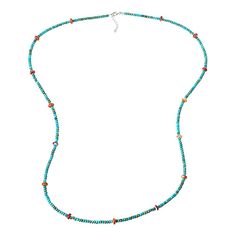 KALIFANO Turquoise-Color Howlite and Spiny Oyster Shell 38" Necklace  Expand your accessorizing options with this extra-long gemstone bead necklace. The colorful necklace features turquoise-color howlite beads with orange spiny oyster shell accents. You can wear it long and knotted or wrapped around your neck for a lovely, layered look!       Approx. 38"L x 1/8"W with 1" extender     Stamped .925     Lobster claw clasp     Necklace comprised of rondelle-shaped, turquoise-color howlite beads with orange spiny oyster bead accents   Stone Information       All sizes and weights approximate     Color-Enhanced Turquoise-Color Howlite - Rondelle (4.1mm)     Orange Spiny Oyster Shell - Rondelle (8mm) Long Turquoise Necklace With Colorful Beads, Long Turquoise Necklace With Natural Stones, Turquoise Long Necklace With Round Natural Stones, Turquoise Long Necklace With Gemstone Beads, Turquoise Long Necklace With Colorful Beads, Turquoise Gemstone Long Beaded Necklace, Beaded Turquoise Howlite Necklace, Adjustable Multi-strand Turquoise Necklace With Colorful Beads, Adjustable Turquoise Hand-strung Beaded Necklace