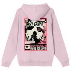 Embrace the spine-chilling vibes with this adult cradle pink Friday the 13th long sleeve hooded sweatshirt. The front features a haunting image of a blood-dripping heart, setting an ominous tone. On the back, a Happy Camping poster with Jason's iconic mask adds a touch of horror nostalgia. Crafted from a blend of cotton and polyester, this officially licensed hoodie ensures both comfort and eerie style. The adjustable hood allows you to tailor your look, making it a must-have for horror aficiona Cotton Hoodie With Long Sleeves In Pop Culture Style, Pink Long Sleeve Hoodie In Hip Hop Style, Pink Band Merch Top For Fall, Pink Hoodie With Graphic Print For Fall, Pink Long Sleeve Sweatshirt For Fans, Pink Hip Hop Sweatshirt For Fall, Pink Graphic Print Hoodie For Fall, Pink Hip Hop Hoodie For Fall, Pink Casual Sweatshirt For Fan Merchandise