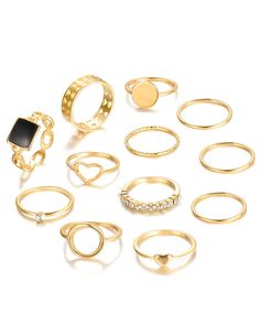 Size: One Size;Style:ChicMaterial:AlloyPattern Type:Geometric,HeartOccasion:DailyPackage Include:12PCS Rings Set Gold Rings Set, Rhinestone Rings, Rings Cute, Rings Set For Women, Heart Rhinestone, Cute Stuff, Geometric Heart, Stacking Ring Set, New Retro