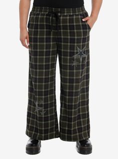 Lounge around while listening to your favorite music in these comfy pajama pants! They are green plaid and feature grunge-inspired star designs printed on the legs and back. Comes with side seam pockets and an elasticated waistband.60% cotton; 40% polyesterWash cold; dry lowImportedModel is 5'10''Model wears size 1 Grunge Pajamas, Goth Pajamas, Girls Pajama Pants, Cutesy Outfit, Girls Pajama, Comfy Pajama, Plus Size Hot, Cute Pjs, Pants Plus Size