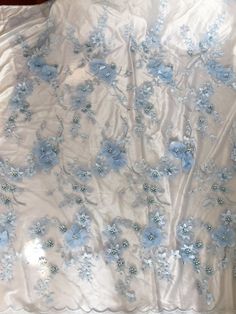 Luxury 3D Beaded Flower Lace Fabric in Sky Blue  Scallop image 7 Haute Couture Fabric, Flower Stone, Wedding Gown Backless, Beaded Lace Fabric, Bridal Lace Fabric, Stone Wedding, Applique Wedding, Beaded Applique, Pearl Design