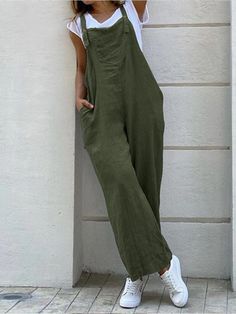 Women's Jumpsuit Pocket Solid Color Square Neck Streetwear Street Daily Regular Fit Sleeveless Black Green Gray S M L Summer 2024 - $25.99 Female Jumpsuit, Overalls Summer, Loose Romper, Linen Overalls, Overalls Vintage, Jersey Pattern, Vintage Jumpsuit, Suspenders For Women, Solid Color Jumpsuits