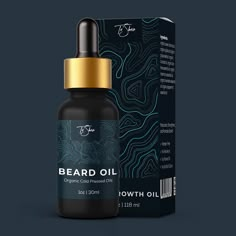 a bottle of beard oil next to a box on a dark background with gold cap