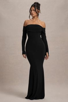 Amaia Black Bardot Long-Sleeve Maxi Dress – Club L London - USA Club L London, Bardot Neckline, Black Dress Prom, Black Tie Gala, Party Dress Long Sleeve, Winter Weddings, Black Shade, Black Sequin Dress, Invisible Zip