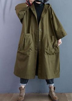 Oversized hooded casual loose long autumn spring trench coat for women 2020 clothes Outerwear - Omychic Military Style Solid Color Cotton Outerwear, Military Style Green Long Coat, Oversized Military Outerwear With Pockets, Spring Trench, Spring Trench Coat, Khaki Cotton Military Hooded Jacket, Green Cotton Military Parka, Trench Coat Black, Measurement Length