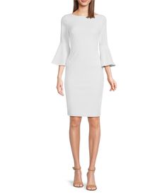 From Calvin Klein&#x2C; this dress features:sheath silhouetteBoat neckline3/4 bell sleeves back zip closurepolyester/spandexdry cleanImported. Luxury Fitted Bell Sleeve Midi Dress, Chic Calvin Klein Sheath Mini Dress, Calvin Klein Summer Sheath Mini Dress, Calvin Klein White Sheath Dress, Calvin Klein White Knee-length Mini Dress, Engagement Party Dresses, Swim Fashion, Wedding Cocktails, Boat Neck