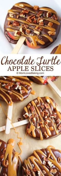 chocolate turtle apple slices with caramel drizzle on top and an ice cream stick in the middle