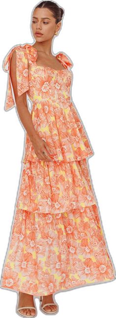 Arlowe Tied Shoulder Tiered Midi Dress Floral Orange by Selfie Leslie Weekend Lunch, Midi Dress Floral, Midi Party Dress, Orange Midi Dress, V Dress, European Dress, Floral Summer Dress, Column Dress, Aline Dress