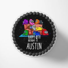 a happy birthday cake with an image of couches and toys on the top that says happy 6th birthday, austin