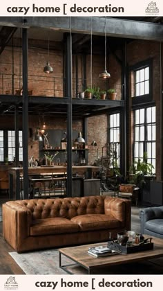 "Combine comfort with rugged style in your living room. Discover how to use warm textiles, leather furniture, and metal accents for a cozy industrial feel. 🏢🛋️ #IndustrialLivingRoom #CozyDecor #UrbanLiving #IndustrialStyle #WarmTextiles" Simple Industrial Living Room, Bricked Kitchen, Cozy Industrial Living Room, Industrial Living Room Ideas, Modern Loft Design, Vintage Industrial Interior, Urban Industrial Design, Industrial Living Room