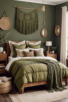 a bed with green sheets and pillows in a bedroom next to a wooden dresser filled with baskets