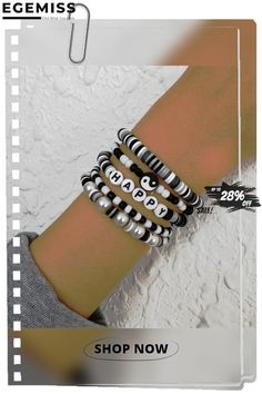 Black White Daily Letter Bracelets Trendy Black Jewelry With Letter Print, Trendy Black Wristband With Letter Beads, Casual Black Friendship Bracelets With Round Beads, Trendy Stretch Bracelet With Letter Print, Casual Black Round Beads Friendship Bracelets, Casual Black Round Beads Friendship Bracelet, Trendy Black Friendship Bracelets With Round Beads, Trendy Black Beaded Bracelets With Letter Beads, Casual Black Stretch Bracelet With Letter Beads