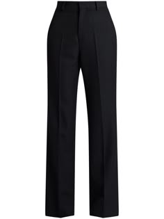 black wool pressed crease belt loops high-waisted straight leg tailored cut concealed front fastening two rear welt pockets Classic Black Trousers, High Waisted Tailored Trousers, Women’s Slacks, Black Slacks Women, Black Dress Pants Outfit, Black Dress Pants Outfits, Slim Fit Formal Trousers, Black Work Trousers, Black Tailored Trousers