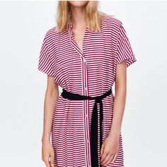 Zara Red Stripe White Shirt Tunic Dress Short Sleeve Button Down Side Slits Casual Light Weight Flowy Material Nwt Striped V-neck Shirt Dress For Daywear, Red Collared Summer Dress, Chic Red Shirt Dress For Daywear, Zara Shirt Dress For Daywear, Zara Buttoned Shirt Dress For Daywear, Zara Shirt Dress With Buttons For Daywear, Red Mini Length Shirt Dress, Chic Red Summer Shirt Dress, Red Knee-length Shirt Dress For Summer