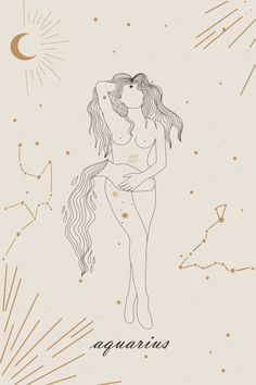 the zodiac sign for aquarius is depicted in this hand drawn illustration with stars and lines