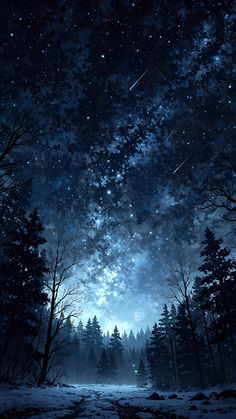 the night sky is filled with stars and trees