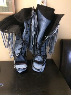 Unique 1of a Kind, Recycled Denim mukluks fits size 7  for indoor use  jeans denim lined with black felt Recycling Denim, Womens Booties, Booties Ankle Boots, Recycled Denim, Black Felt, Boot Shoes Women, Jeans Denim, Bootie Boots, Denim Jeans