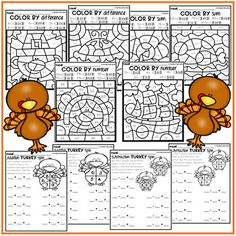 thanksgiving themed color by number worksheets with turkeys