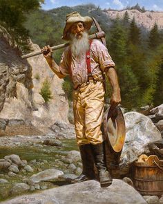 a painting of a man with a long beard holding a stick and walking on rocks