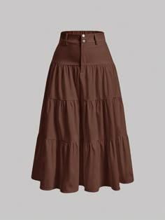 a women's brown skirt with tiering on the bottom, and buttons at the waist